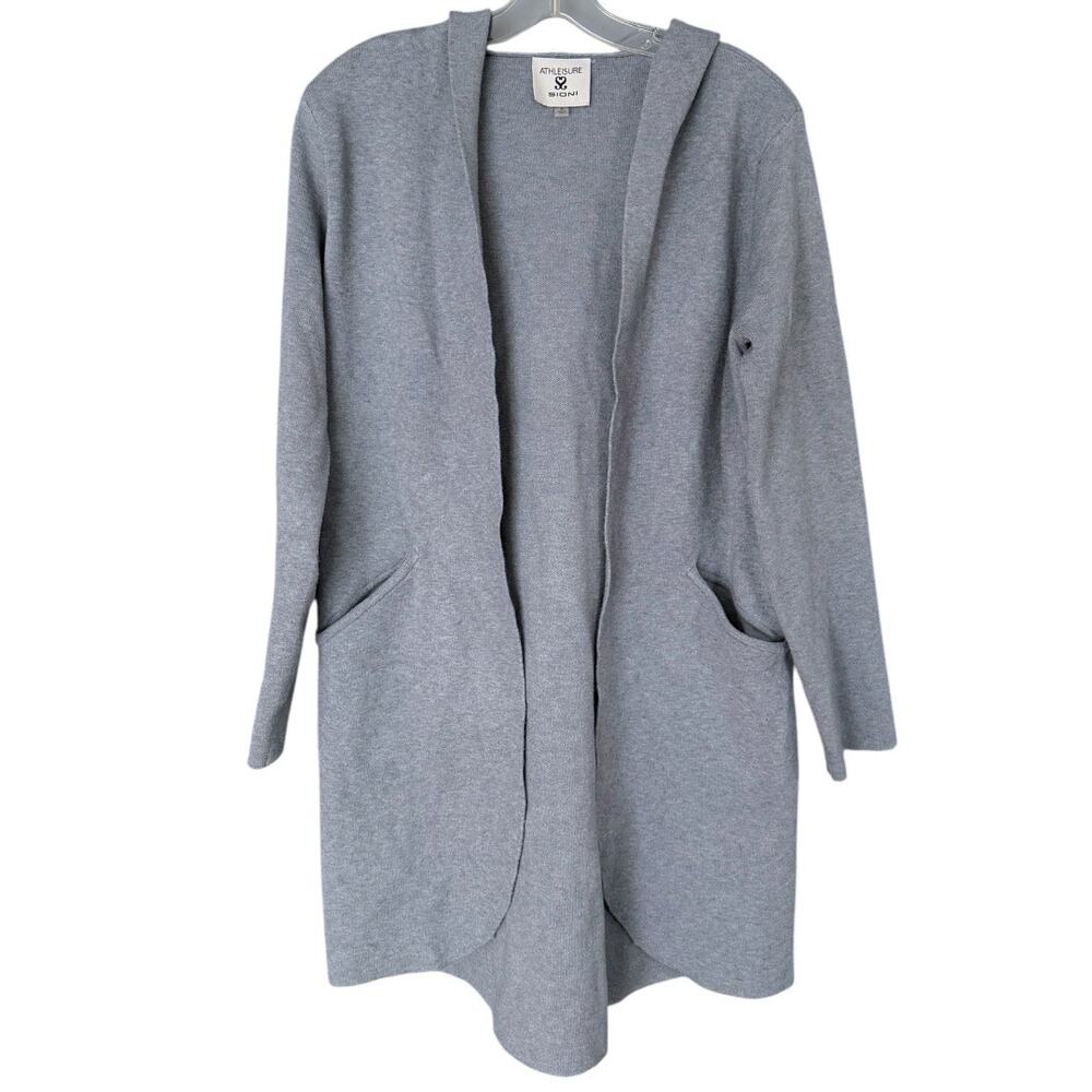 Sioni Athleisure Hooded Open Front Cardigan Women's Small Gray Blue Long Duster